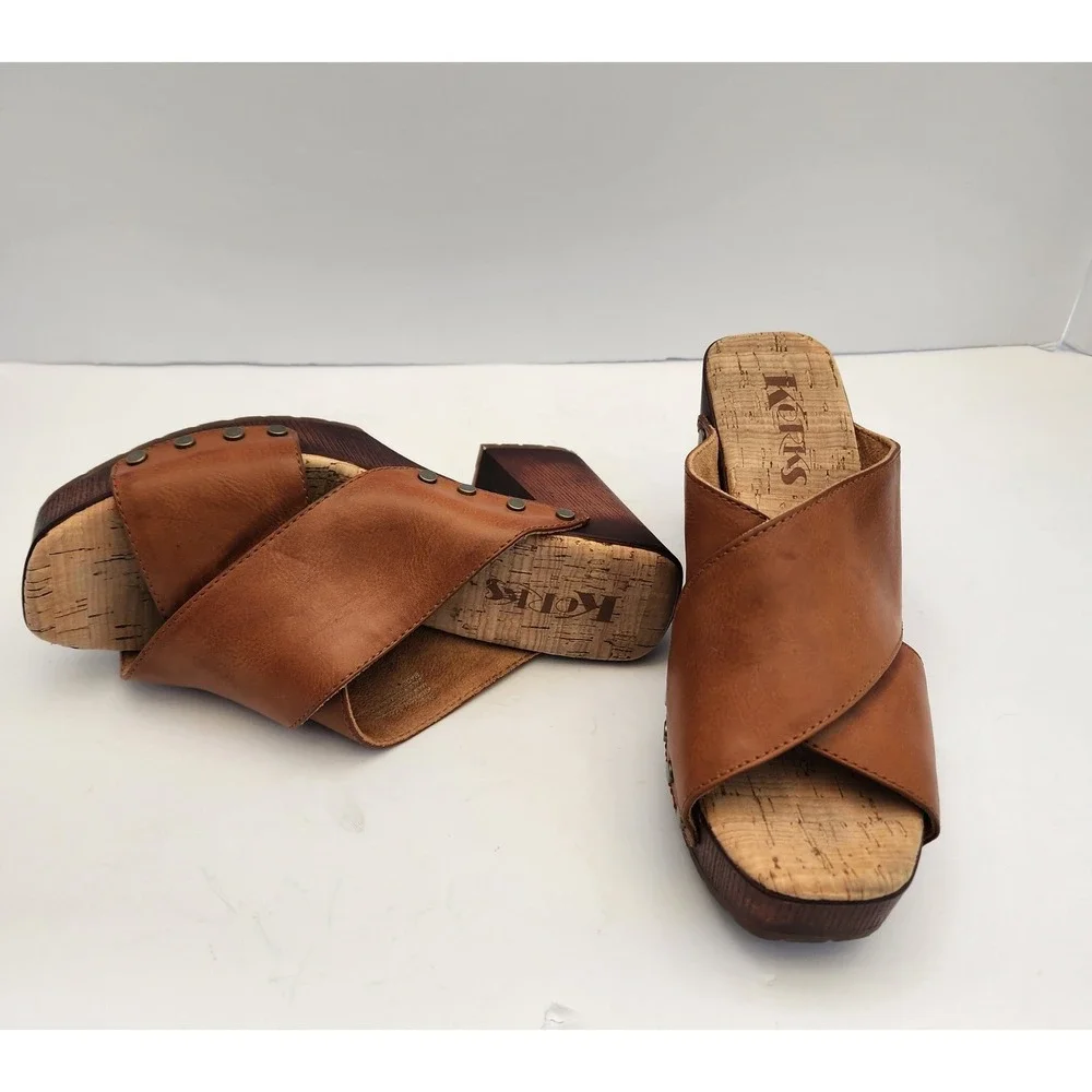 Korks Tan Crossover Studded Platform Clog Sandals Wood Block Heel Retro Boho Sz6